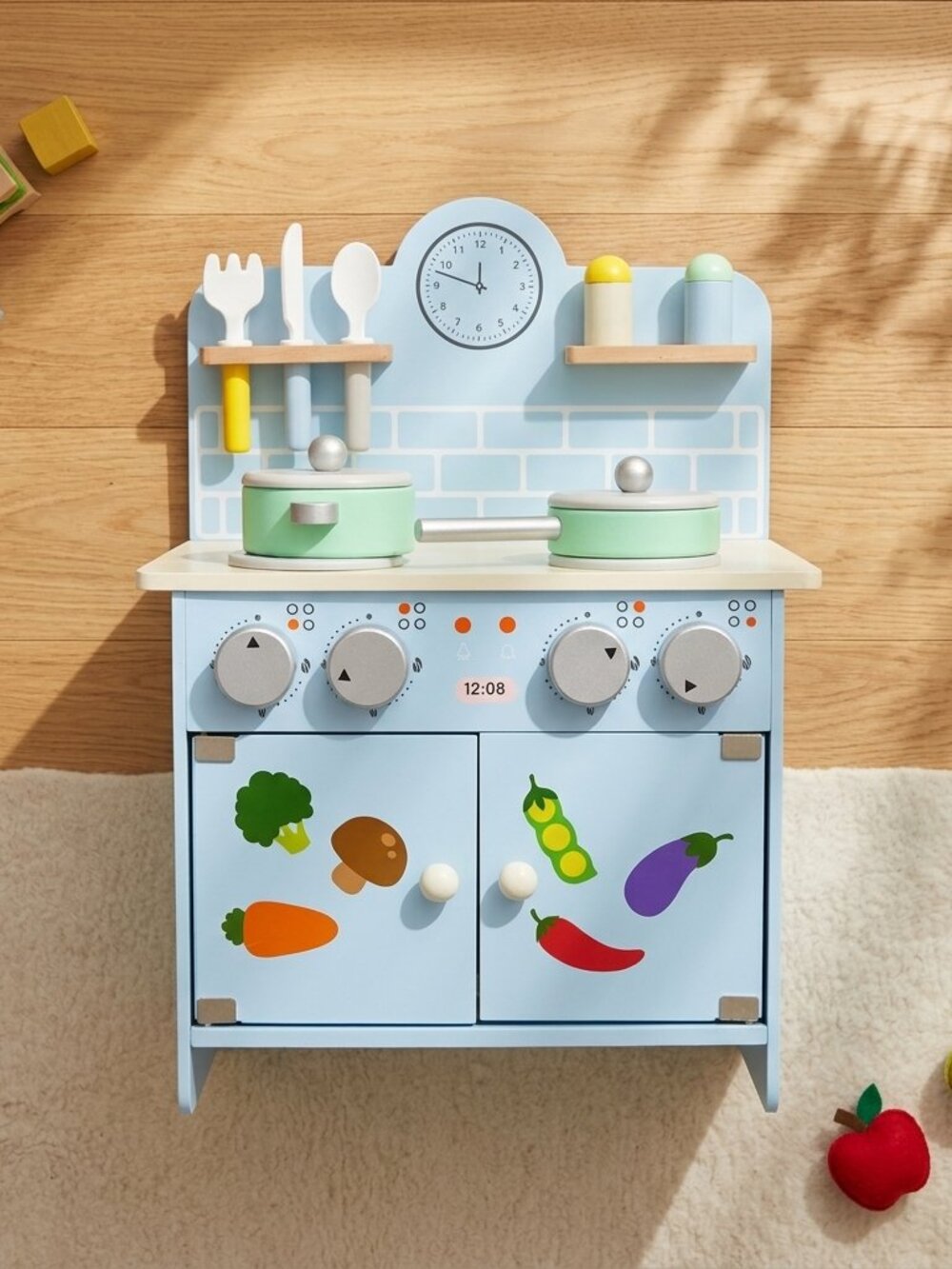 Blue Wooden Play Kitchen Set for Kids, Montessori Pretend Cooking Toy - Picture 4 of 8